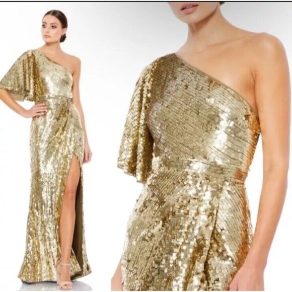Mac Duggal 93540 Gold Embellished One Shoulder Cap Sleeve Trumpet Gown 0